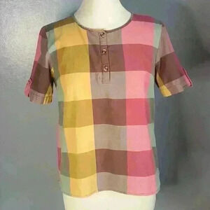 Vintage 90s Serengeti Fall Colors Buffalo Plaid Short Sleeve Henley Blouse sz M